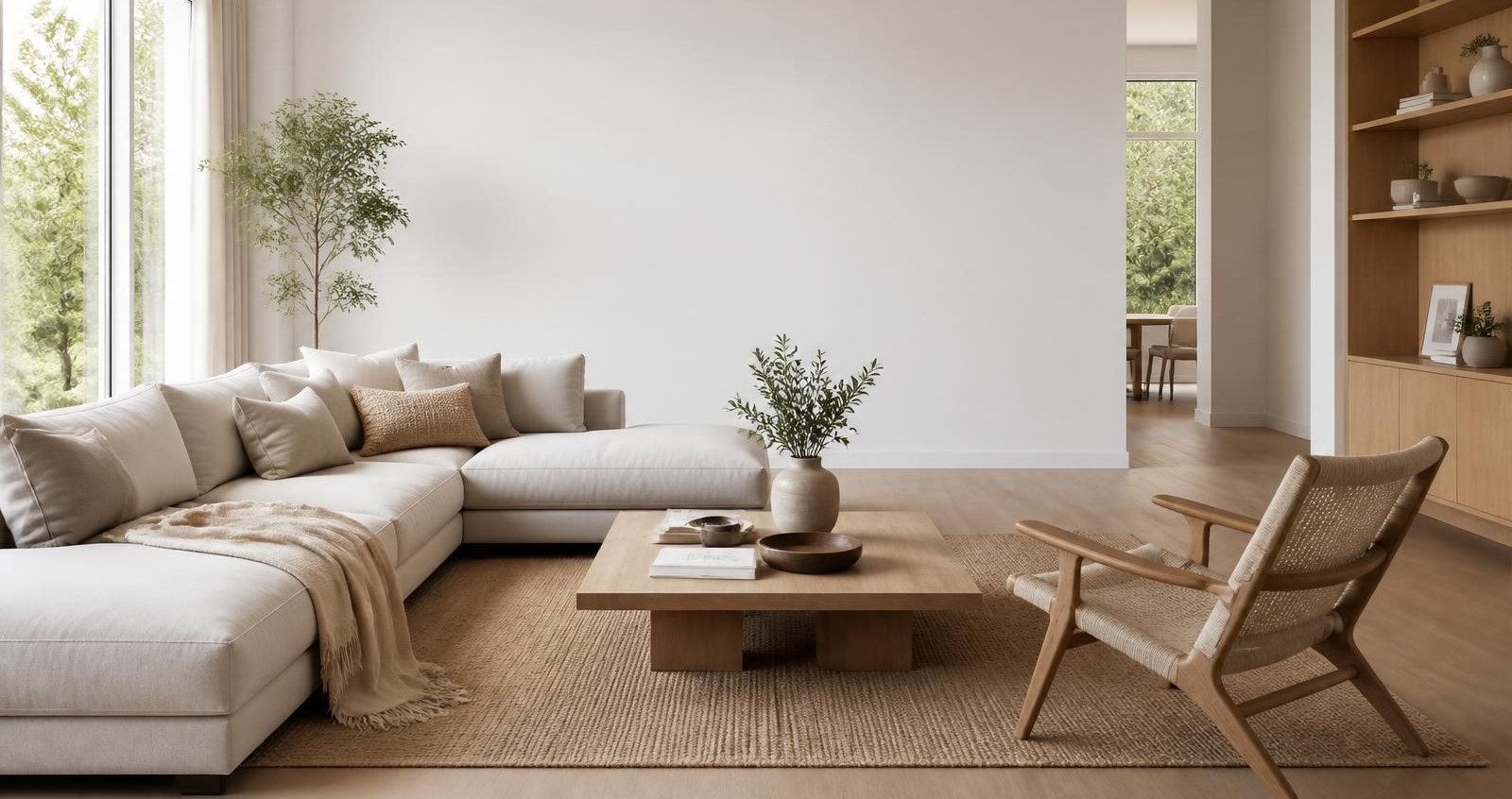 Harmonischer, moderner Wohnraum mit hellem Sofa, Holzakzenten und Eichenboden