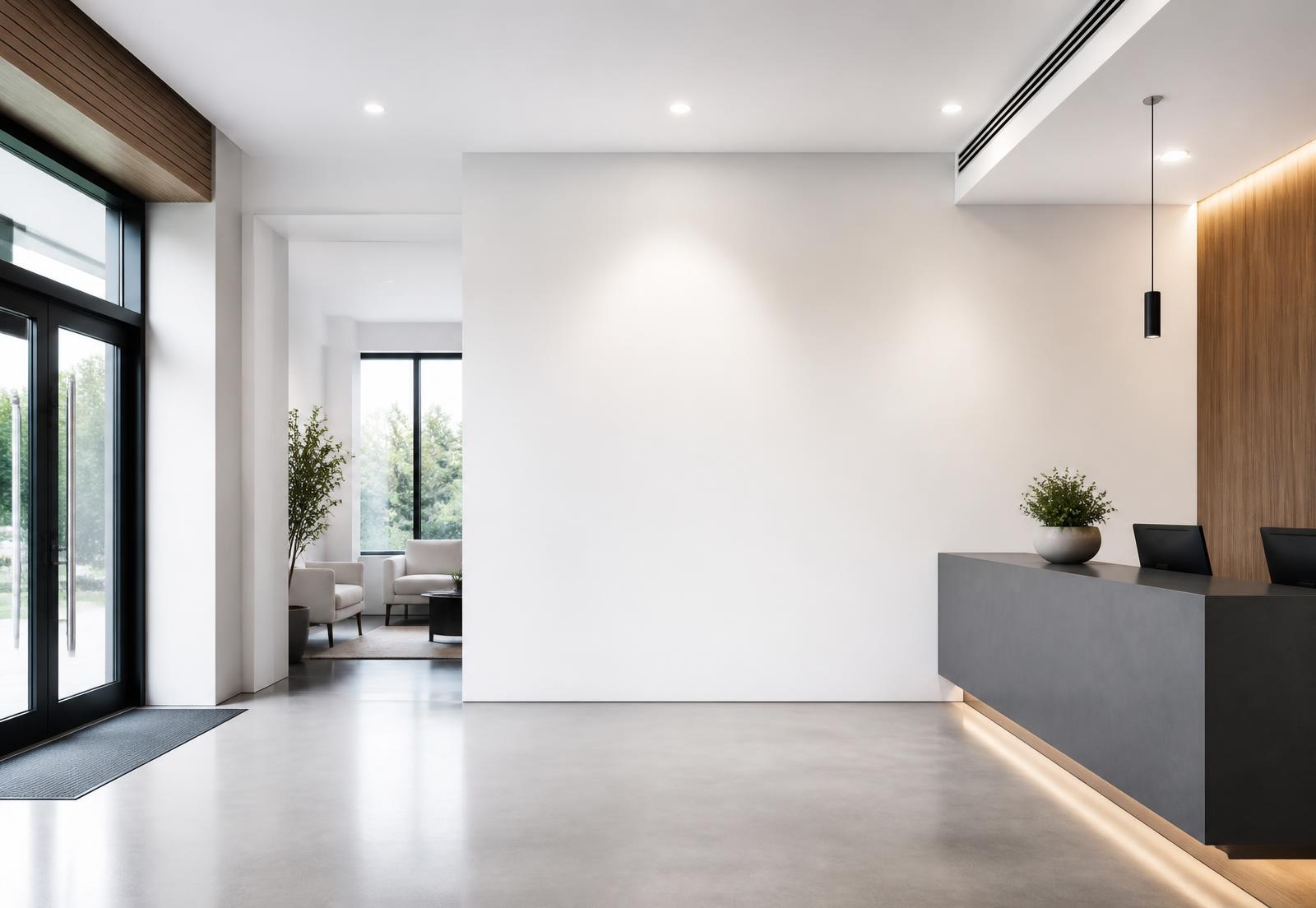 Heller, moderner Empfangsbereich mit weisser Wand und grauem Empfangstresen