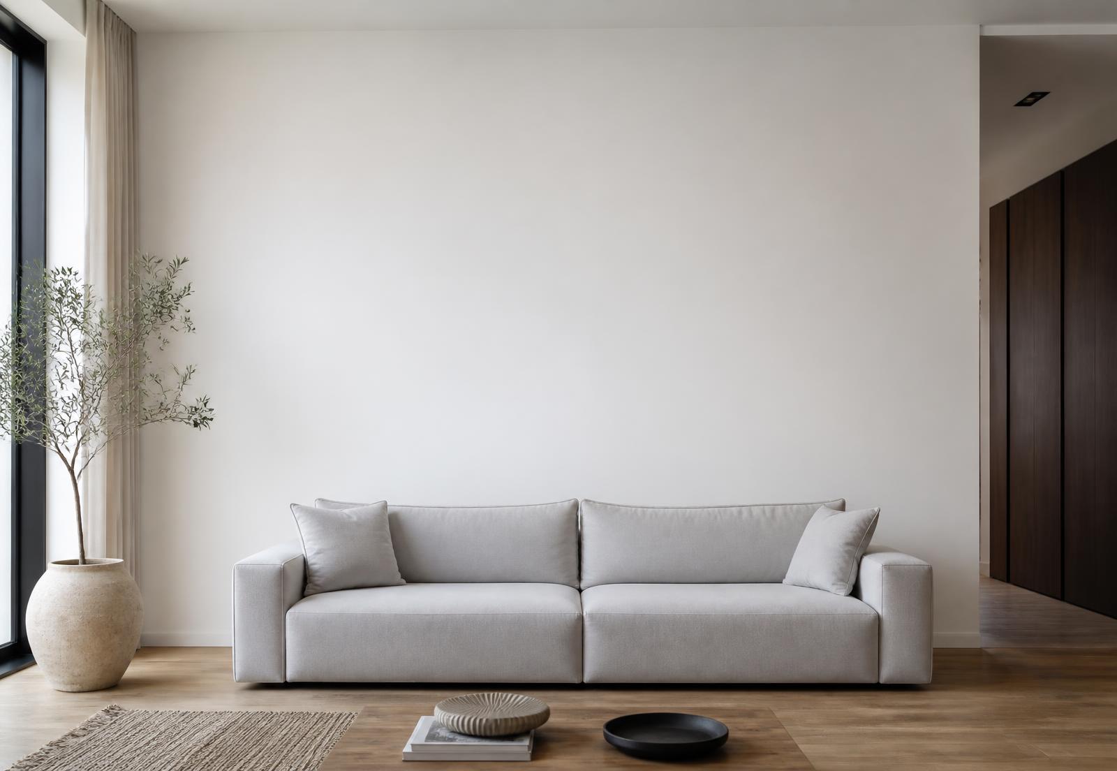 Moderner, heller Wohnraum mit weisser Wand, hellem Sofa und Eichenboden